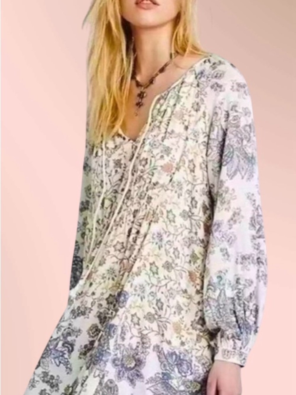 Free People Lucky Loosy Floral Boho Mini Dress S Ivory